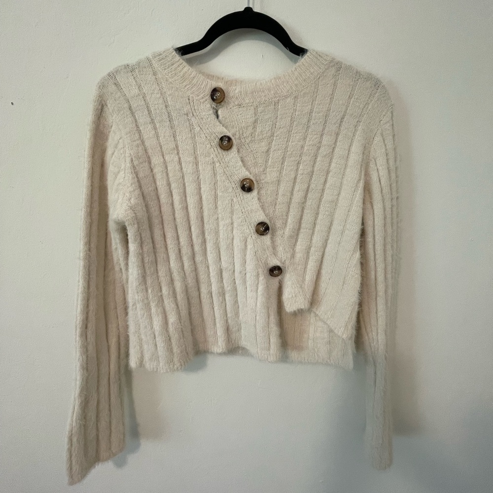 Cream Nasty Gal fuzzy button up sweater size small